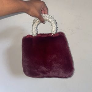 Fuzzy Maroon Purse with Beaded Handle